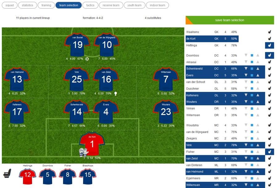 Football-o-Rama online soccer manager team selection